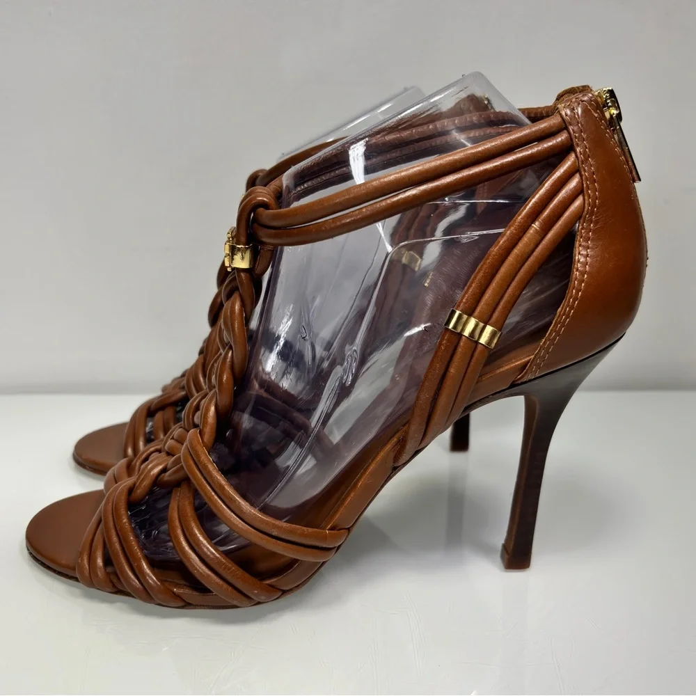 Tory Burch Brown Strappy Braided Leather Heels Size 8.5